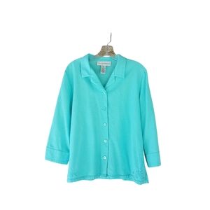Sag Harbor Turquoise 3/4 Sleeved Button Down Linen Rayon Shirt Size 14